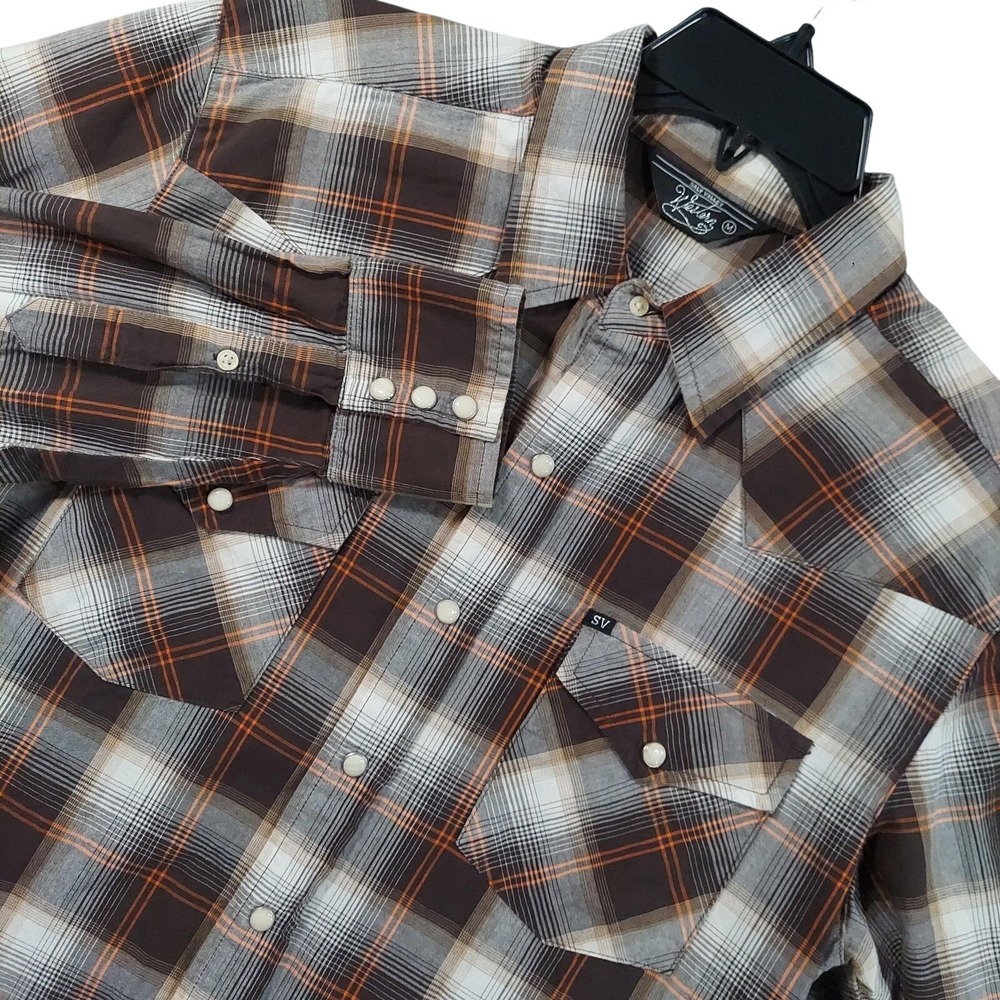 Salt Valley Shirt Mens Medium Brown Plaid Long Sleeve Pearl Snap Western Cotton